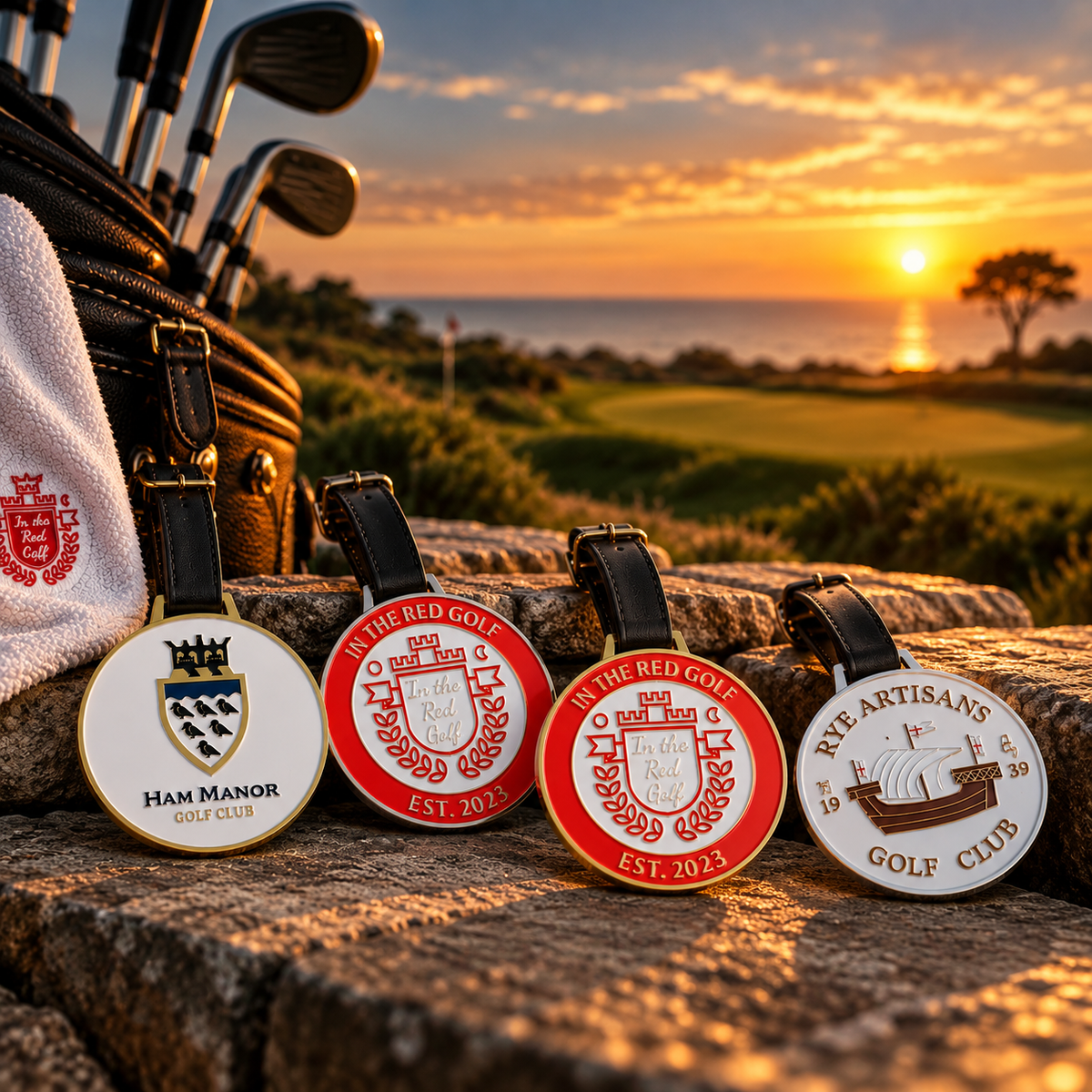 Four engraved golf club bag tags with leather straps are displayed on a stone surface with a golf bag and clubs in the background, set against a sunset golf course landscape.