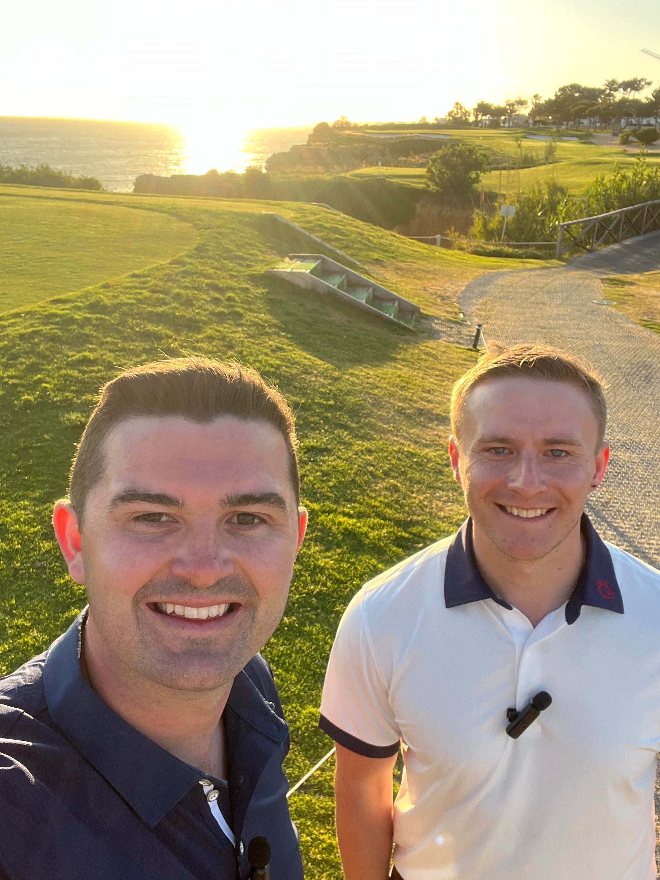 josh and ant standing on the tee of the 16th hole at vale do lobo golf course